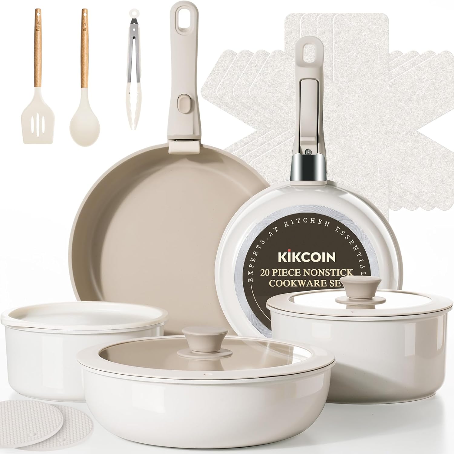 KIKCOIN Nonstick Pots and Pans Set, Pack Cookware Set with Detachable Handle, Induction RV Kitchen Cooking Set with Removable Handle, Frying Pans - Dishwasher/Oven Safe, PFOA Free