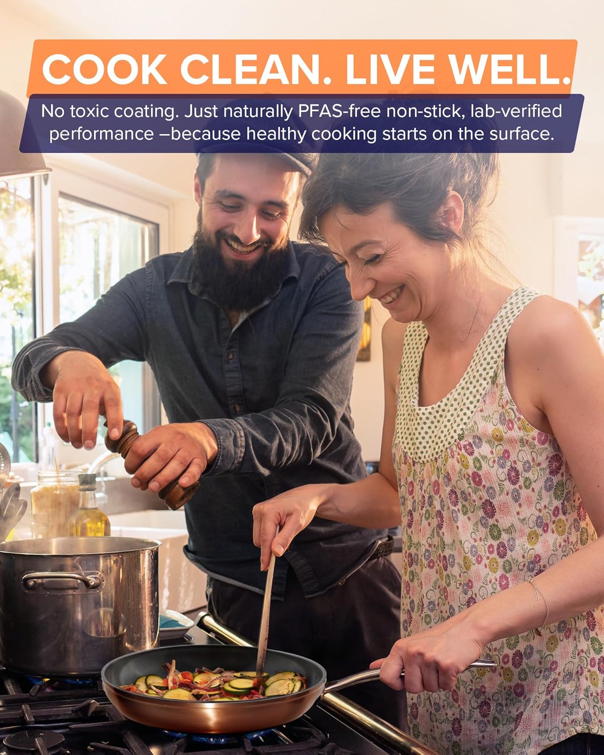 Nuwave Healthy G11-Pots and Pans Set Non Stick, 9H Near-Diamond Hardness Scratch-Resistant, Works on All Stovetops, PFAS Free, with Frying Pans, Saucepans & Glass Lids, Stay-Cool Handles, Copper