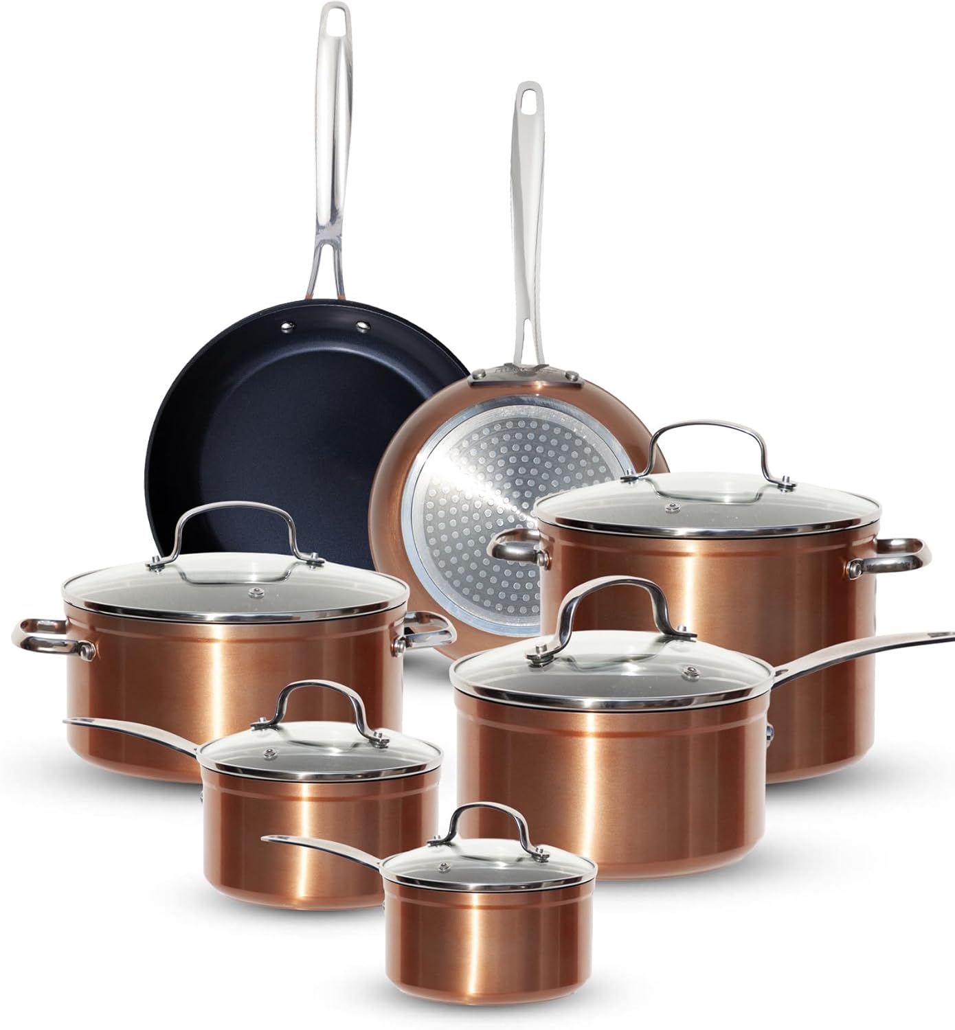 Nuwave Healthy G11-Pots and Pans Set Non Stick, 9H Near-Diamond Hardness Scratch-Resistant, Works on All Stovetops, PFAS Free, with Frying Pans, Saucepans  Glass Lids, Stay-Cool Handles, Copper