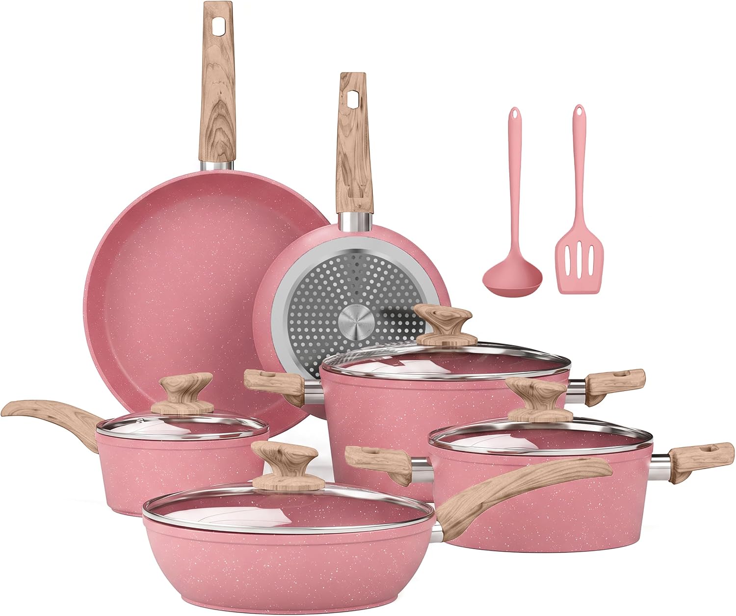 Kitchen Academy Induction Pots and Pans Set Non Stick, 12Pcs Pink Cookware