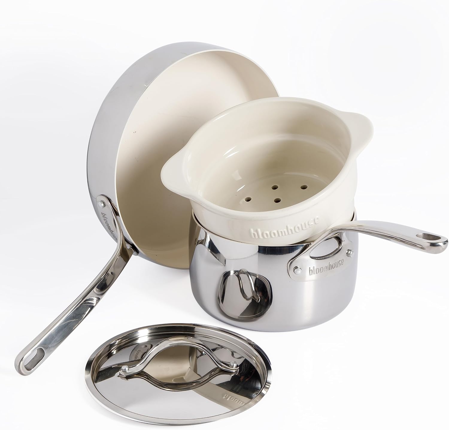 Bloomhouse 4-Piece Triply Stainless Steel Pots and Pans Cookware Set w/Non-Stick Non-Toxic Ceramic Interior and Ceramic Steamer Insert