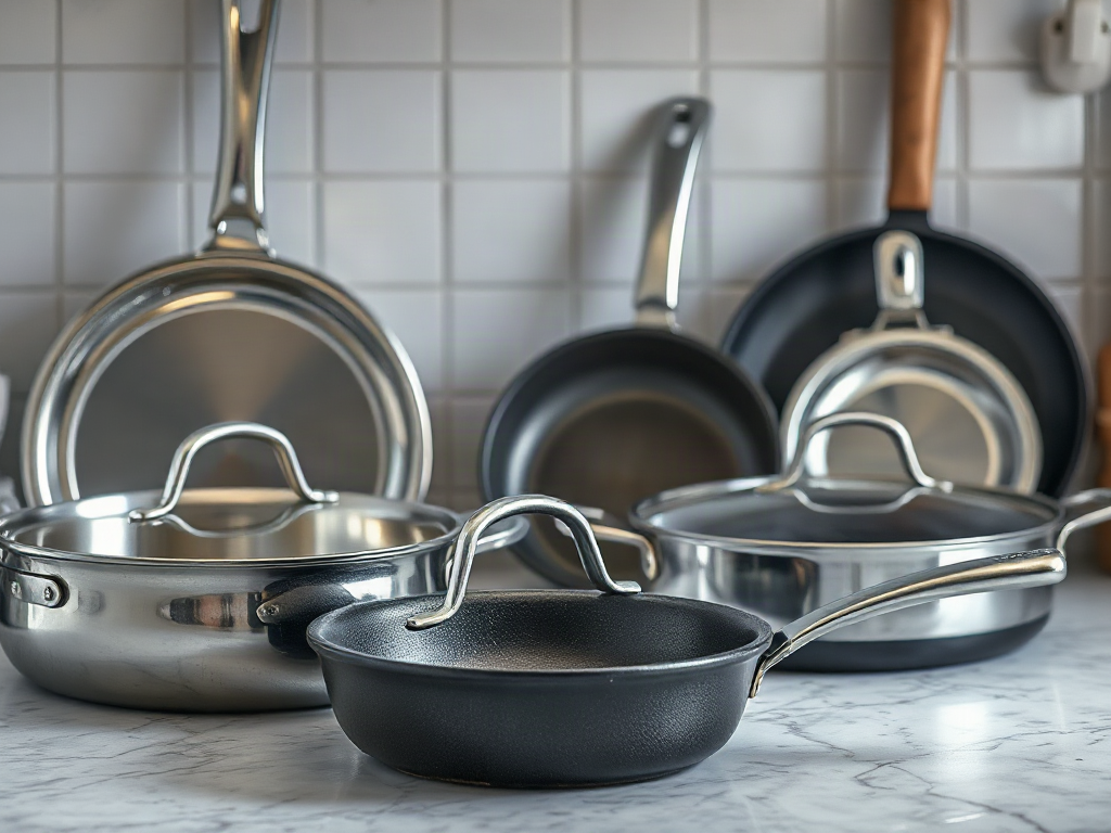 Stainless, cast-iron, enameled, and nonstick pans arranged on a kitchen counter
